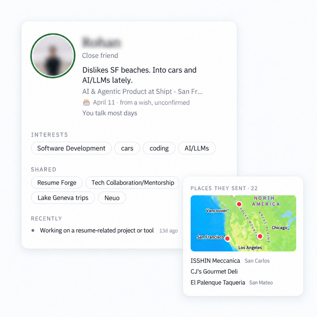 A person card in Sanctuary: relationship, interests, shared topics and the places they sent you