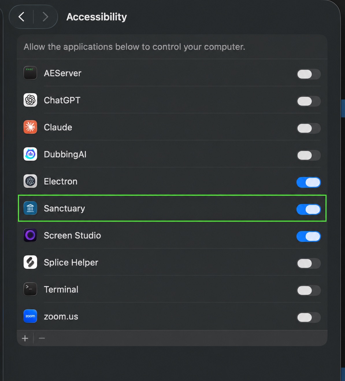 macOS System Settings, Privacy & Security → Accessibility, with the Sanctuary toggle enabled