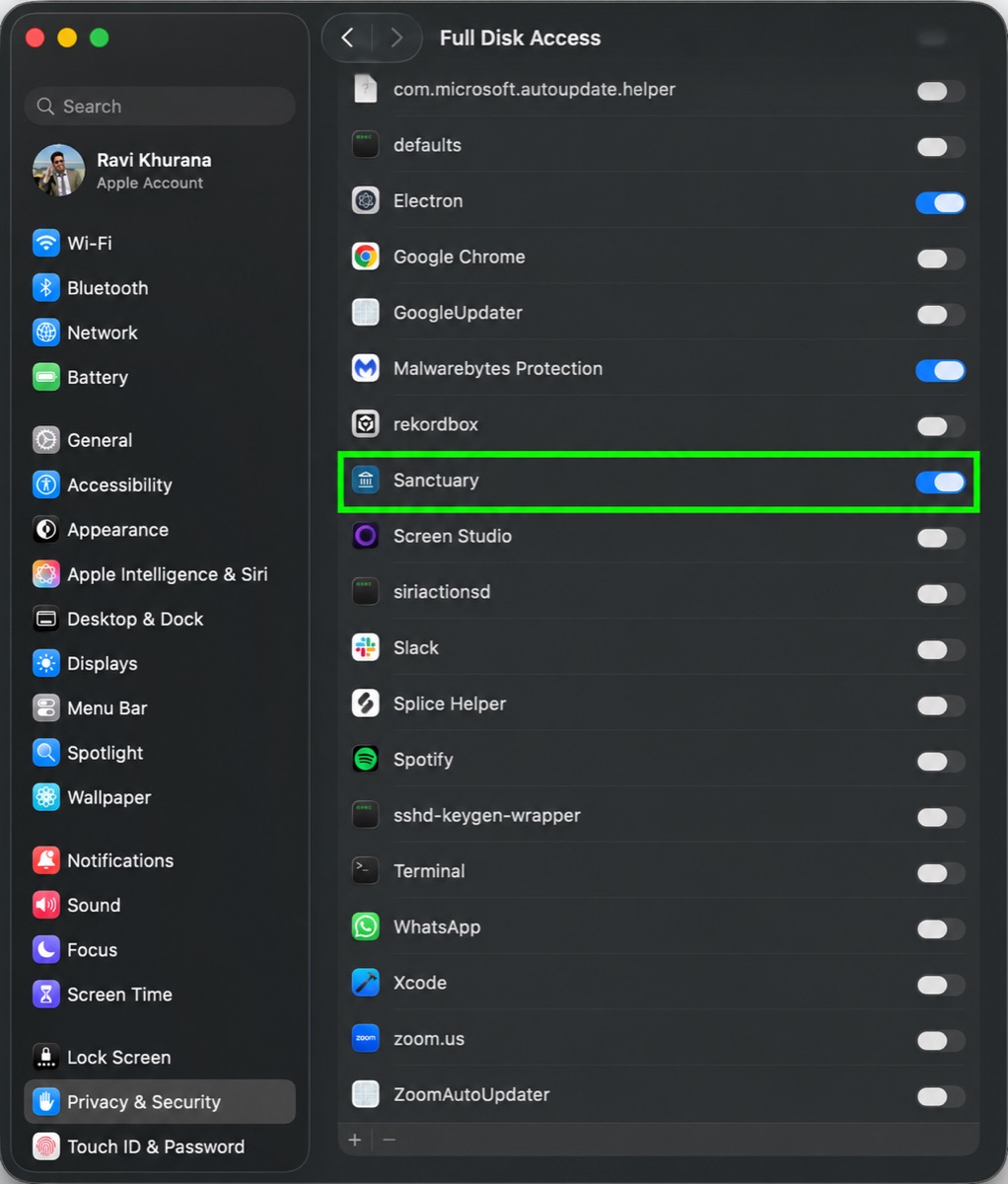 macOS System Settings, Privacy & Security → Full Disk Access, with the Sanctuary toggle enabled