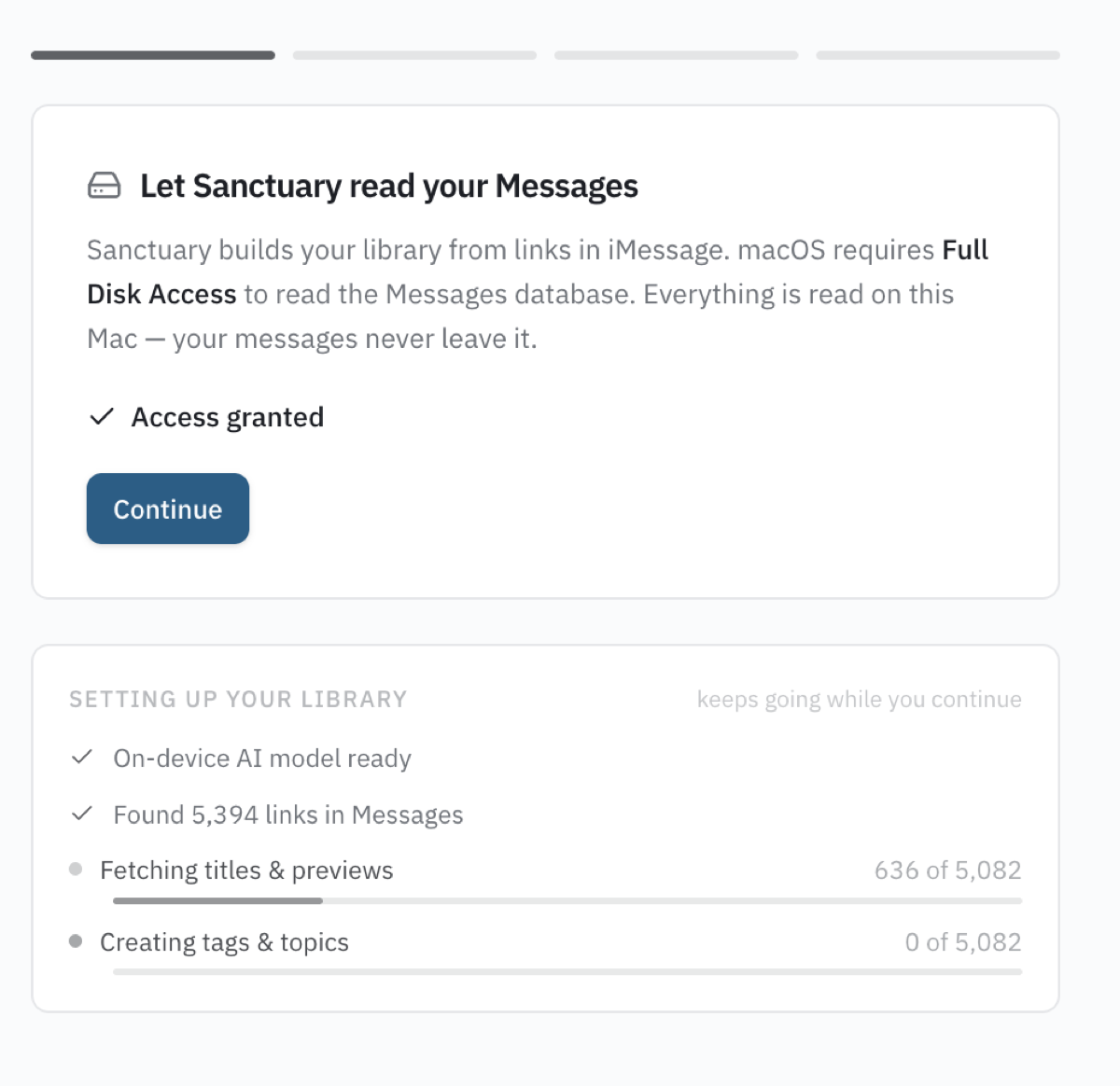 Sanctuary onboarding showing Access granted, with the library setup progress running below